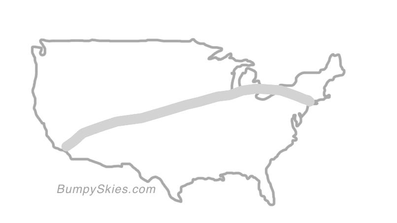 Map of continental US with illustrated flight path and turbulence forecast (described in text below)