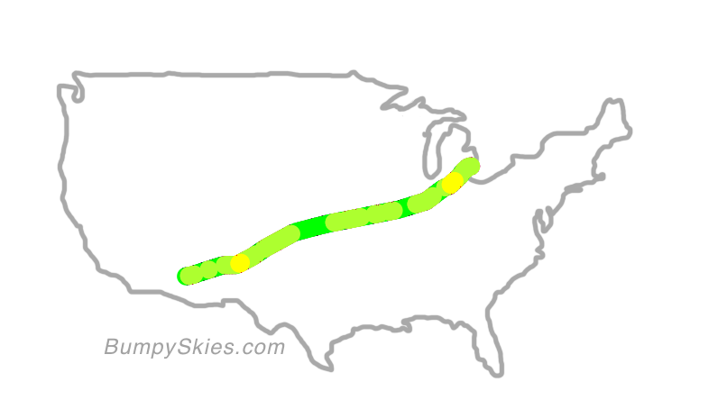 Map of continental US with illustrated flight path and turbulence forecast (described in text below)