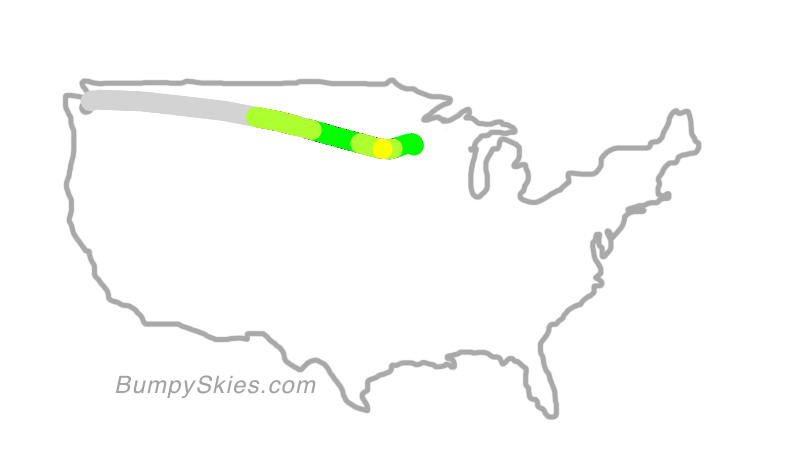 Map of continental US with illustrated flight path and turbulence forecast (described in text below)