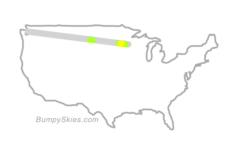Map of continental US with illustrated flight path and turbulence forecast (described in text below)