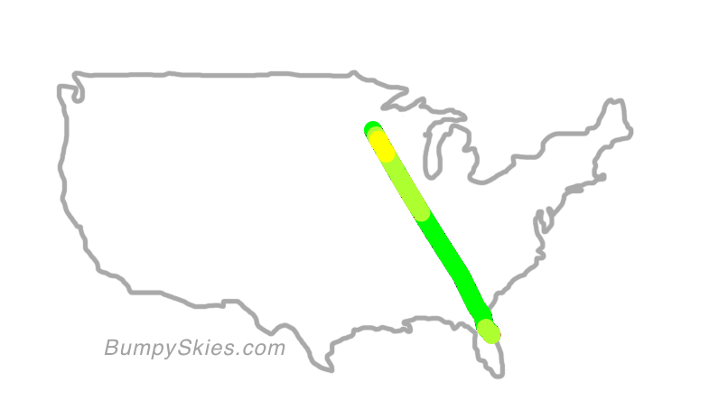 Map of continental US with illustrated flight path and turbulence forecast (described in text below)