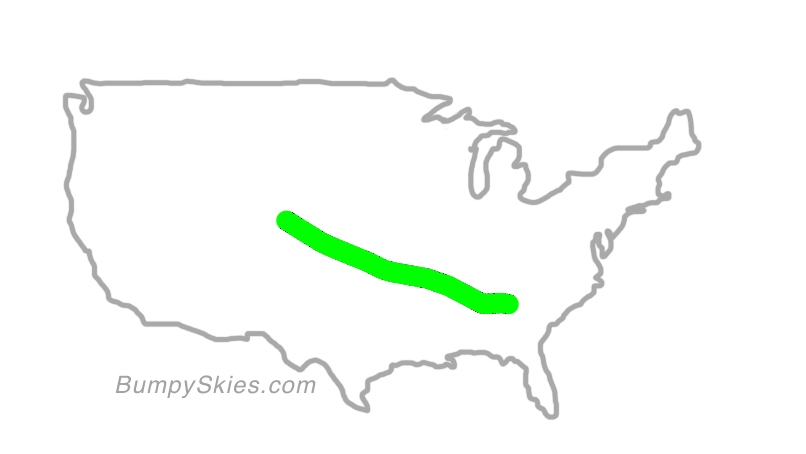 Map of continental US with illustrated flight path and turbulence forecast (described in text below)