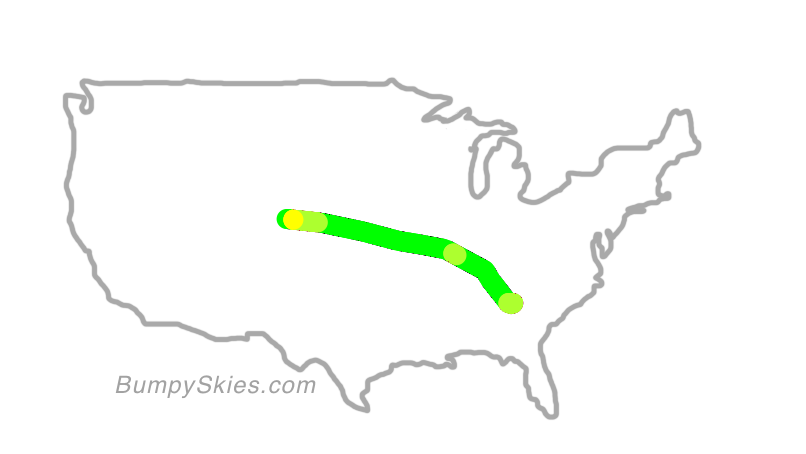 Map of continental US with illustrated flight path and turbulence forecast (described in text below)
