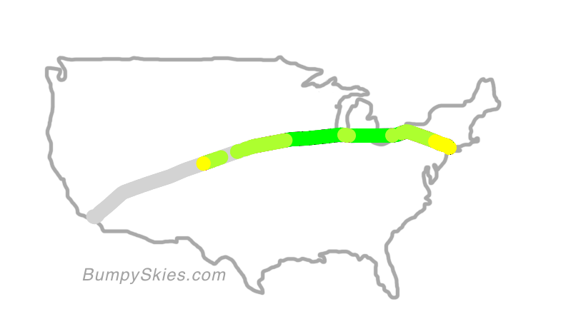 Map of continental US with illustrated flight path and turbulence forecast (described in text below)