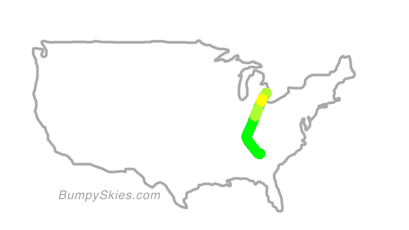 Map of continental US with illustrated flight path and turbulence forecast (described in text below)