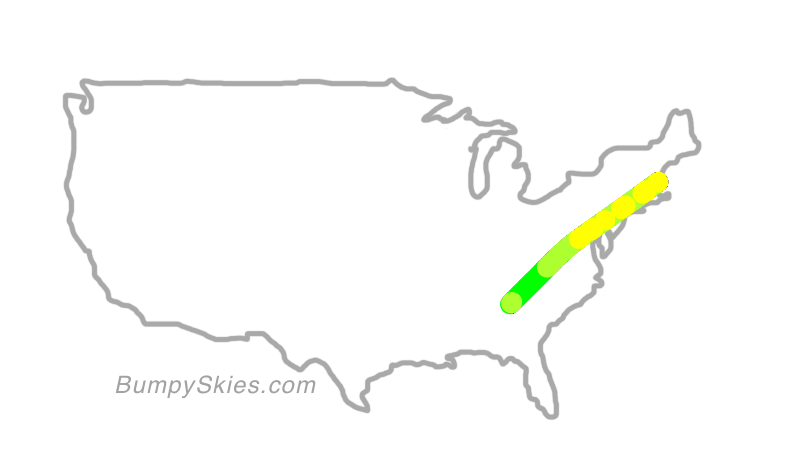 Map of continental US with illustrated flight path and turbulence forecast (described in text below)