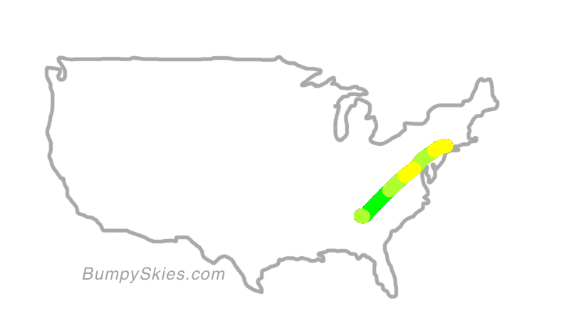 Map of continental US with illustrated flight path and turbulence forecast (described in text below)
