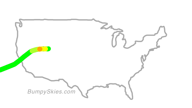 Map of continental US with illustrated flight path and turbulence forecast (described in text below)