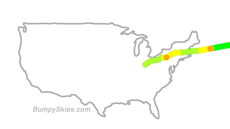 Map of continental US with illustrated flight path and turbulence forecast (described in text below)