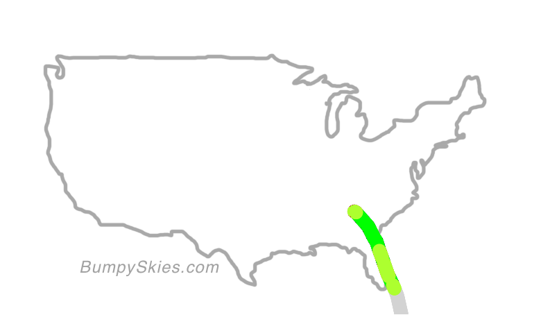 Map of continental US with illustrated flight path and turbulence forecast (described in text below)