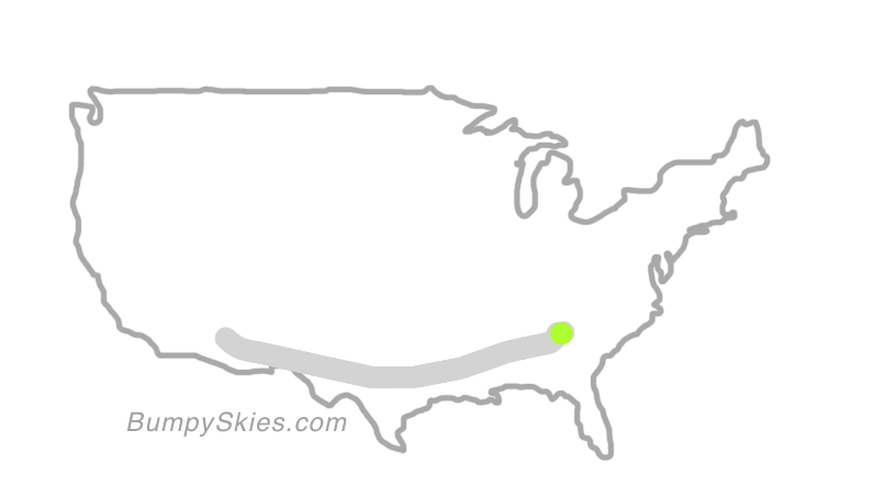 Map of continental US with illustrated flight path and turbulence forecast (described in text below)