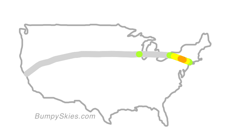 Map of continental US with illustrated flight path and turbulence forecast (described in text below)