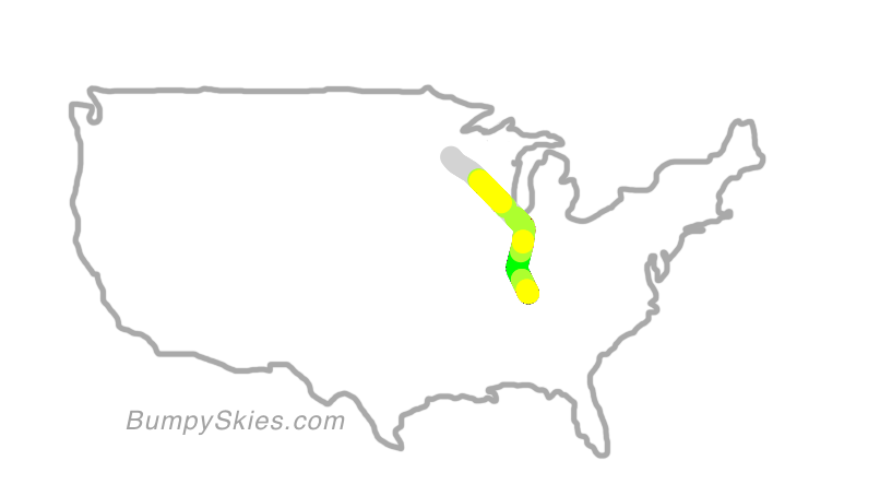 Map of continental US with illustrated flight path and turbulence forecast (described in text below)