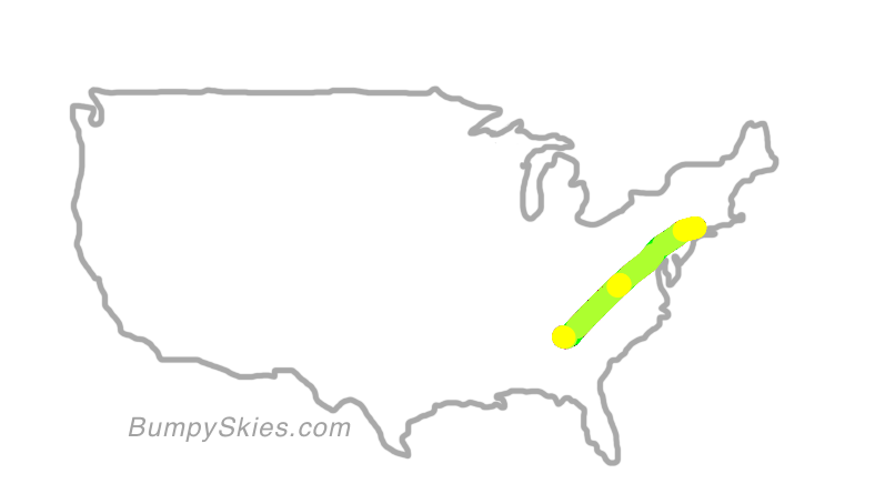 Map of continental US with illustrated flight path and turbulence forecast (described in text below)