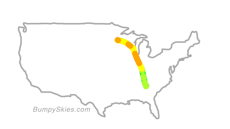 Map of continental US with illustrated flight path and turbulence forecast (described in text below)