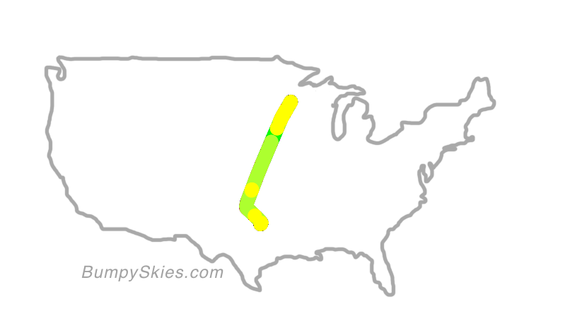 Map of continental US with illustrated flight path and turbulence forecast (described in text below)