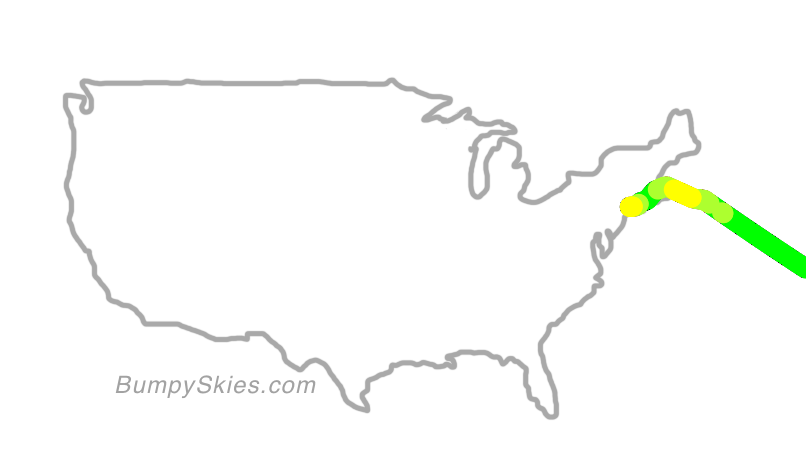 Map of continental US with illustrated flight path and turbulence forecast (described in text below)