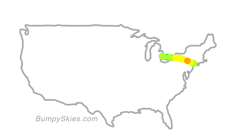 Map of continental US with illustrated flight path and turbulence forecast (described in text below)