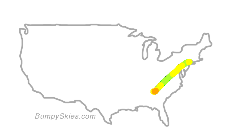 Map of continental US with illustrated flight path and turbulence forecast (described in text below)