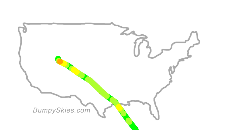 Map of continental US with illustrated flight path and turbulence forecast (described in text below)