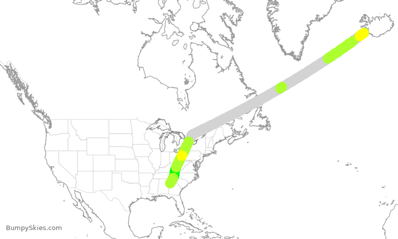 Turbulence forecast map for DAL9936, KEF to ATL
