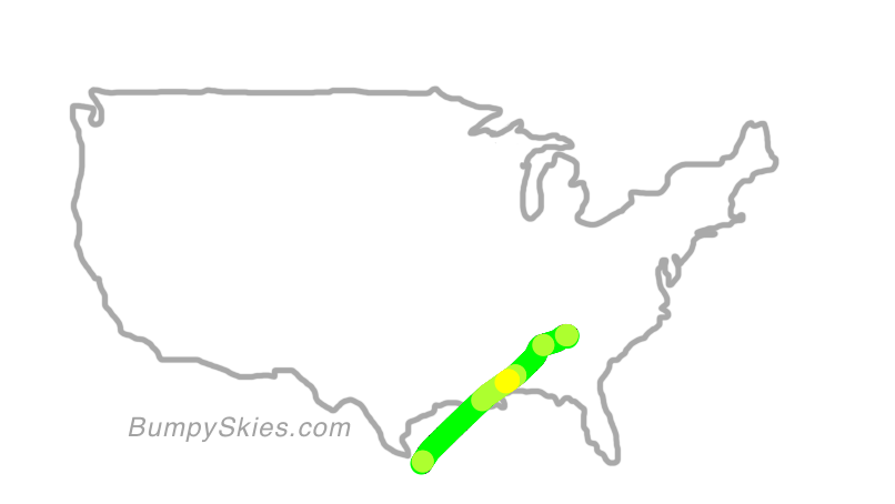 Map of continental US with illustrated flight path and turbulence forecast (described in text below)