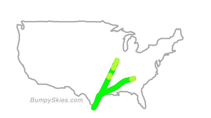 Map of continental US with illustrated flight path and turbulence forecast (described in text below)