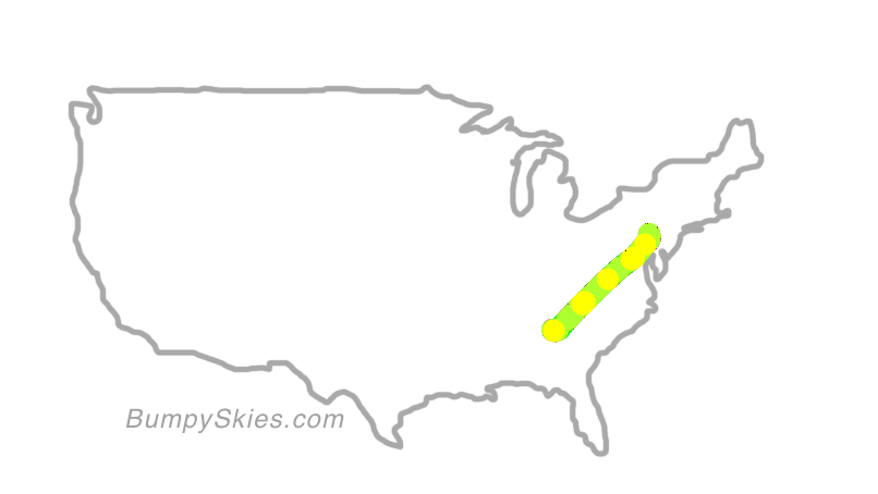 Map of continental US with illustrated flight path and turbulence forecast (described in text below)