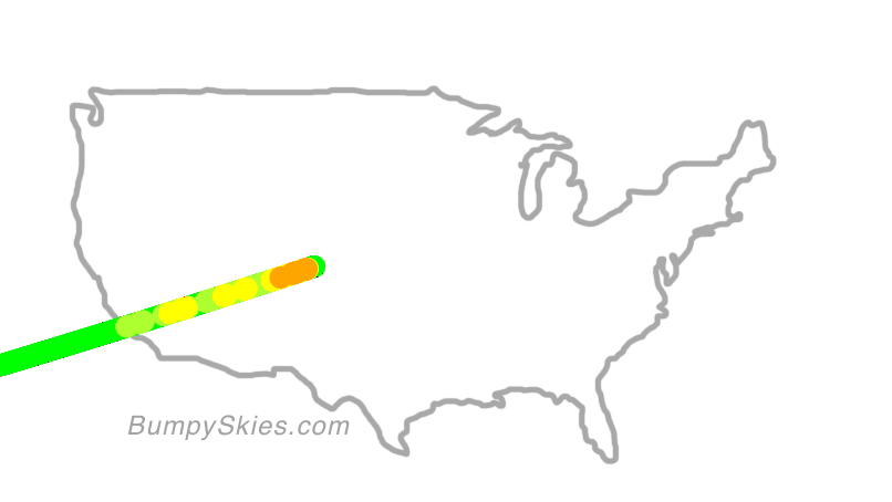 Map of continental US with illustrated flight path and turbulence forecast (described in text below)