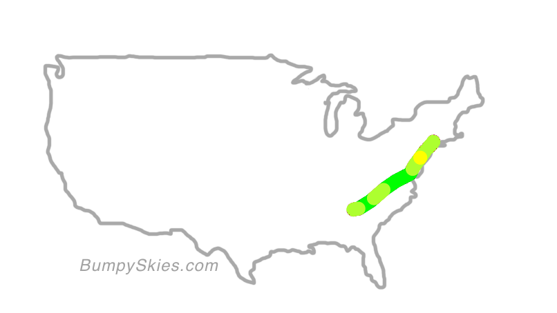 Map of continental US with illustrated flight path and turbulence forecast (described in text below)