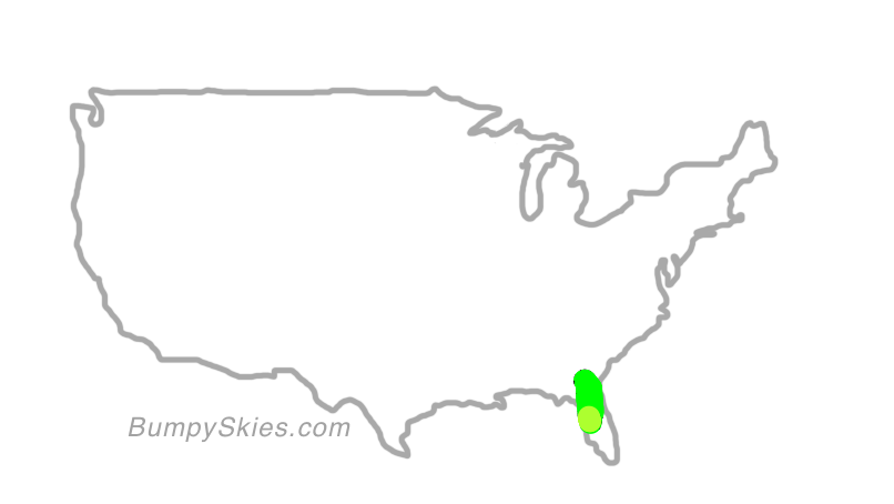 Map of continental US with illustrated flight path and turbulence forecast (described in text below)