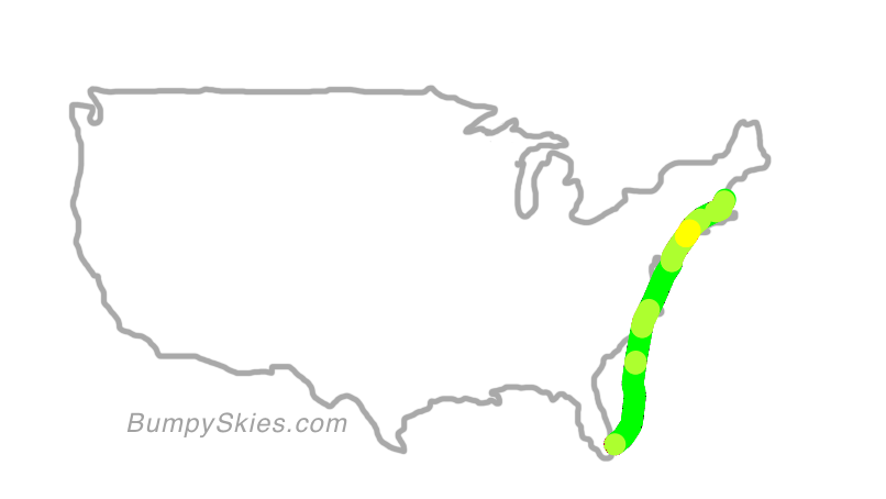 Map of continental US with illustrated flight path and turbulence forecast (described in text below)
