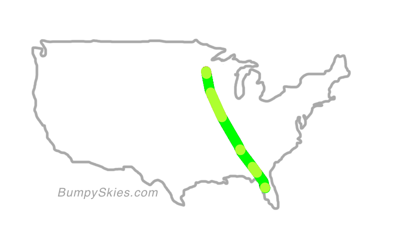 Map of continental US with illustrated flight path and turbulence forecast (described in text below)