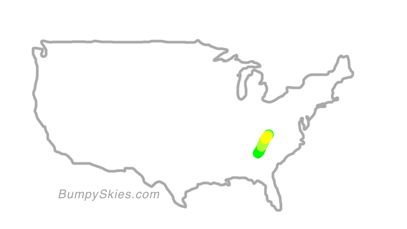 Map of continental US with illustrated flight path and turbulence forecast (described in text below)