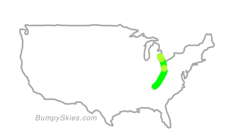 Map of continental US with illustrated flight path and turbulence forecast (described in text below)