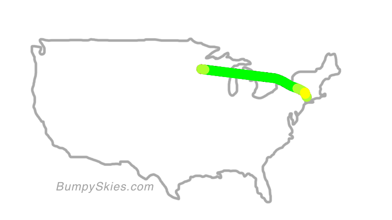 Map of continental US with illustrated flight path and turbulence forecast (described in text below)