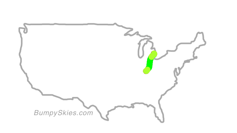 Map of continental US with illustrated flight path and turbulence forecast (described in text below)
