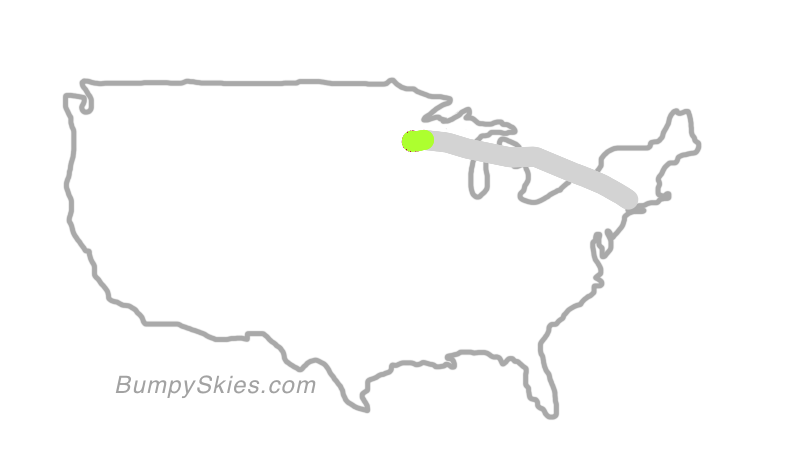 Map of continental US with illustrated flight path and turbulence forecast (described in text below)