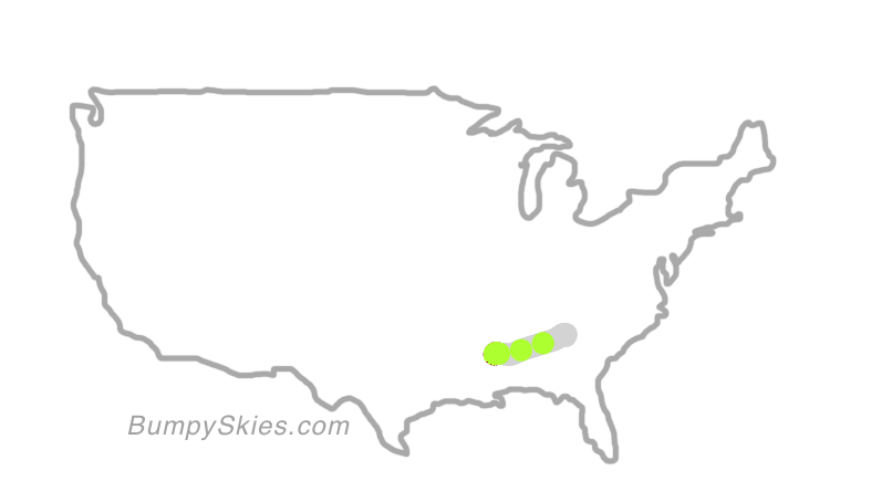 Map of continental US with illustrated flight path and turbulence forecast (described in text below)