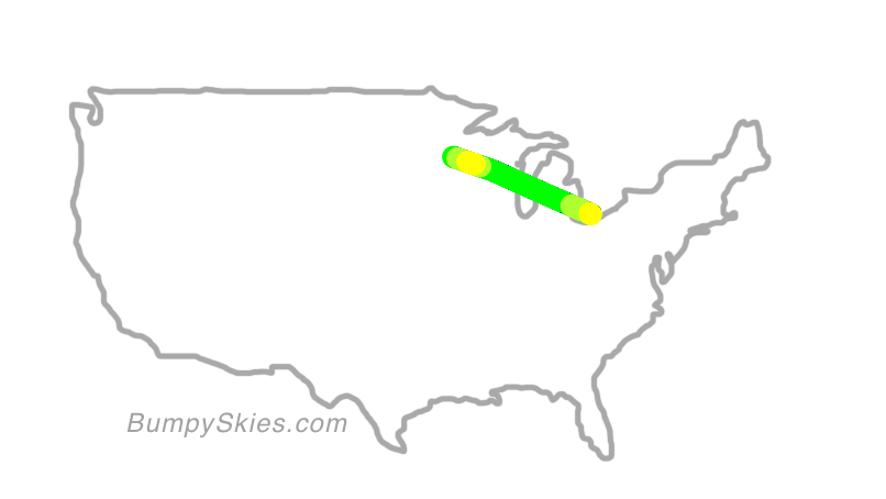 Map of continental US with illustrated flight path and turbulence forecast (described in text below)