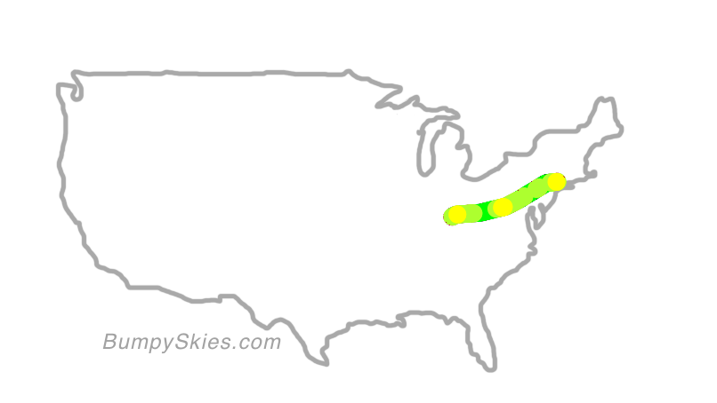Map of continental US with illustrated flight path and turbulence forecast (described in text below)