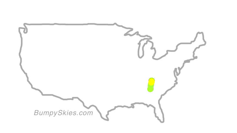 Map of continental US with illustrated flight path and turbulence forecast (described in text below)