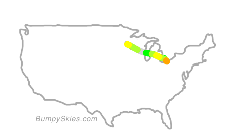 Map of continental US with illustrated flight path and turbulence forecast (described in text below)