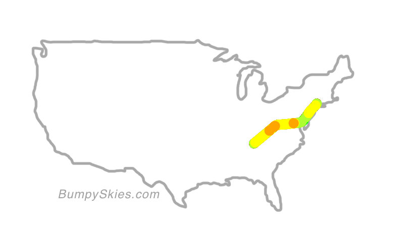 Map of continental US with illustrated flight path and turbulence forecast (described in text below)