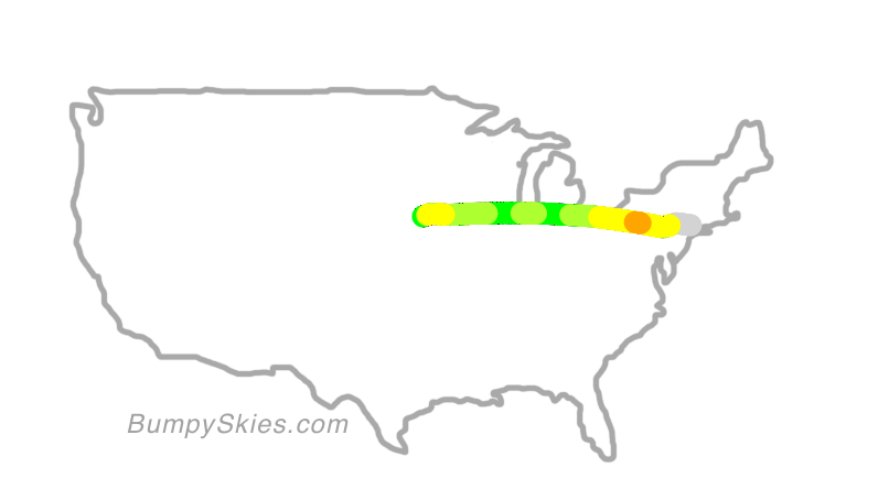 Map of continental US with illustrated flight path and turbulence forecast (described in text below)
