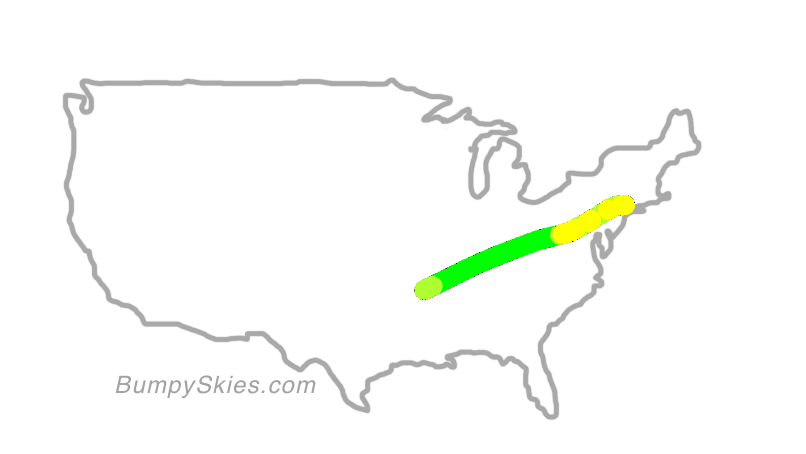 Map of continental US with illustrated flight path and turbulence forecast (described in text below)