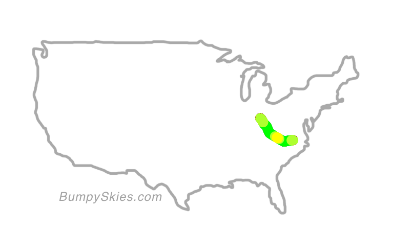 Map of continental US with illustrated flight path and turbulence forecast (described in text below)
