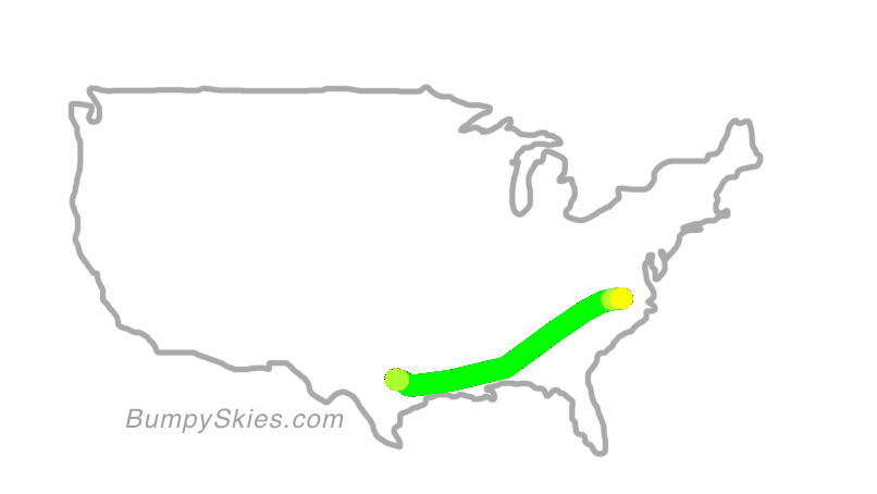 Map of continental US with illustrated flight path and turbulence forecast (described in text below)