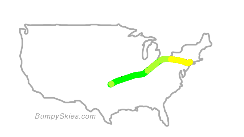 Map of continental US with illustrated flight path and turbulence forecast (described in text below)