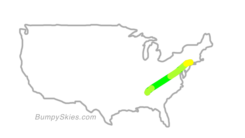 Map of continental US with illustrated flight path and turbulence forecast (described in text below)